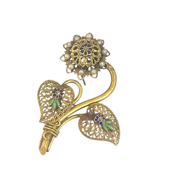Vintage Floral Filigree Brooch Pin With Enamel & Faux Pearl Accents Gold Tone Co - Picture 7 of 8